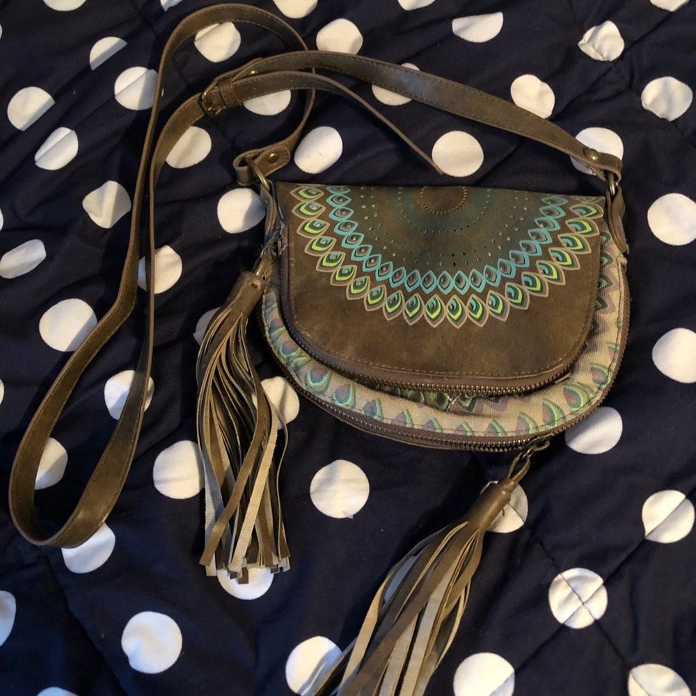 Peacock inspired crossbody satchel with tassels